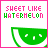 Pixelated watermelon slice with white seeds and pink border, text 'SWEET LIKE WATERMELON' in mixed green-pink letters above.