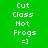 Green background with white pixelated text listing Cut, Class, Not, Frogs, and =] in two , with cyan highlight bars shifting
