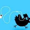 Black pixelated bird with blue eye and white earbuds connected to white MP3 player on light blue background.