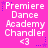A static image with a bright pink background displays repeated text "Premiere Dance Academy Chandler" in white pixelated font, accompanied by a heart symbol and small purple stars.