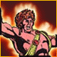 Animated sequence of a muscular figure with curly brown hair, wearing a black and green outfit, against a fiery background with orange and red hues.