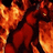A static pixelated image of a fiery scene with orange and red hues dominating the composition, featuring abstract flame-like shapes against dark background areas.