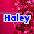 A static image shows the name 'Haley' in blue, green, and yellow text over a pink floral background with dark red swirls.