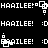 Pixelated white text and symbols on black background with animated character icon shifting between two states.