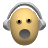 Pixelated yellow face with black eyes and open mouth wearing gray over-ear headphones on gray background.