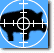 Blue circular target with white crosshairs contains black silhouette of pig that changes position and size across frames, red dot appears at center in some frames.