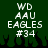 Green background with white pixelated text reading WD AAU EAGLES #34 and black silhouettes of raised hands at the bottom.