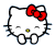 Two pixelated Hello Kitty icons side-by-side, each with a red bow and closed eyes; left icon shows paws while right icon shows teeth.