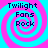 Four identical pixelated spiral icons with cyan and magenta colors, each displaying "Twilight Fans Rock" text in dark blue.