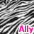 Black-and-white striped background with two pink 'Ally' text elements in pixelated font, one left and one right.