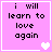 Pixelated text on pink background with white heart symbols in four