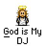 Pixel art contact sheet of a 4x3 grid showing animated frames of a character with halo and DJ setup, each frame labeled "God is My DJ" below the icon.