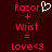 Red pixelated text on dark red background shows 'Razor' with white heart symbol, 'Wrist', and 'Love<3' with plus sign between lines.
