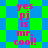 Pixelated text 'yes pj is mr. cool!' on a green and blue checkered background with animated pattern shifts.