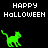 Green pixelated cat walking left on black background with "HAPPY HALLOWEEN" text above and below, gray rectangle partially visible right side.