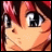 Pixelated anime-style close-up of a character's face with red hair and large eyes, next to stylized text on a black background.