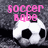 Pixelated image with pink text "soccer babe" above a white and black soccer ball on dark gray background.