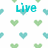 Pixelated pattern of green and cyan hearts on white background with 'Live', 'Love', and 'Laugh' text in cyan.
