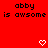 Red background displays "abby is awsome" text with white heart and downward arrow symbols changing across frames.