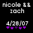 Pixelated text displays 'nicole & zach' above '4/28/07' with purple stars below, showing two identical frames with one star color change.