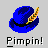 Blue pixelated hat with black band and multicolored feather, below which is pixelated text reading 'Pimpin!' on gray background.