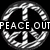 Black-and-white pixelated icon featuring a peace symbol with 'PEACE OUT' text across the middle, surrounded by stylized flame-like shapes.