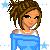Pixelated image of a person with brown hair tied up, wearing a blue off-shoulder top, against a light background with faint colored squares.