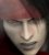 Pixelated close-up of a person's face with closed eyes, wearing dark clothing against a gradient background.