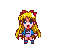 Pixel art character with long blonde hair and red bow in multiple poses, some holding glowing orbs or surrounded by yellow stars.