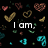 Pixelated text reads 'I am, frantically wooyz', 'ailing inhaling' over a black background with scattered heart and checkmark shapes in brown, gold, cyan, and green.