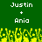Green background with white pixelated text 'Justin + Ania' repeated twice, yellow pixelated grass-like shapes at the bottom.