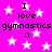 Bright pink background with white stars; repeated text "I love gymnastics :)" in black pixelated font across the image.