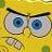 Pixelated close-up of a yellow cartoon character's face showing large blue eyes with black pupils, thick black eyebrows, and three small white oval shapes below the eyes on a solid yellow background.
