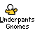 Pixelated character with white round head and yellow shirt holding small green-and-red object, repeated across with text "Underpants Gnomes" below each