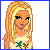 Pixel art character with blonde hair and blue eyes, wearing a white top with green X symbols and dark pants, shown in multiple cropped views including full body, torso, legs, head, and text