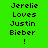 Pixelated text 'Jerelie Loves Justin Bieber !' displayed on four distinct colored backgrounds in a