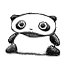 Black-and-white cartoon panda in multiple poses on gray background, showing various angles and positions including sitting upright, leaning, lying down, and rolling.