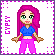 Pixel art character with long pink hair, green eyes, blue crop top, and pink pants; text "GYPSY" on left side of frame.
