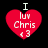 Four identical red heart-shaped icons with white text "I luv Chris <3" on black background, each with a white "I" above the heart.