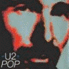 Four- shows U2 band member with red and blue face, side profile of man in black shirt, orange-tinted person wearing sunglasses, and muscular figure holding a stick