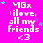 A bright pink background displays repeated white text 'MGx +ilove, all my friends <3' with scattered cyan and purple stars, some of which shift position across frames.
