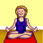 Pixelated figure in lotus position on red mat, wearing purple sleeveless top against yellow and brown background.