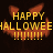 Pixelated Halloween-themed icon with orange pumpkin face, yellow text 'HAPPY HALLOWEEN !!!!!!!', and dark background.