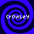 Four identical spiral patterns in blue and black with the text "Crowley" overlaid on each, arranged in a