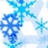 Pixelated blue snowflakes of varying sizes and shades float against a white background, with one large central snowflake surrounded by smaller ones.
