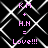Pixelated pink text on black background with white geometric pattern, displaying 'K.M + H.N = Love!!!' in four identical quadrants.