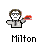 Pixelated character with brown hair and gray suit holds red object, then extends arm to offer it to another figure, later holding a stapler with text below.