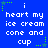 Blue background with white pixelated text reading "i heart my ice cream cone and cup" repeated in a , surrounded by green star-shaped pixels