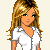 Pixelated cartoon woman with long blonde hair wearing white button-up shirt and black pants, shown in three with text below