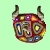 Colorful pixelated bull head with horns, decorative patterns, and visible text elements on a light green background.